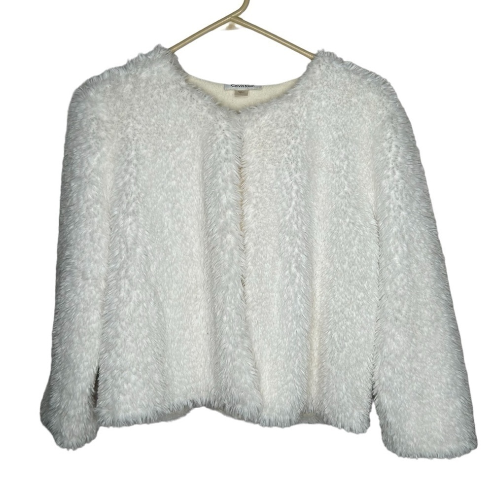 Calvin Klein Womens Faux Fur Open Front Long Sleeve Short Coat Jacket White L